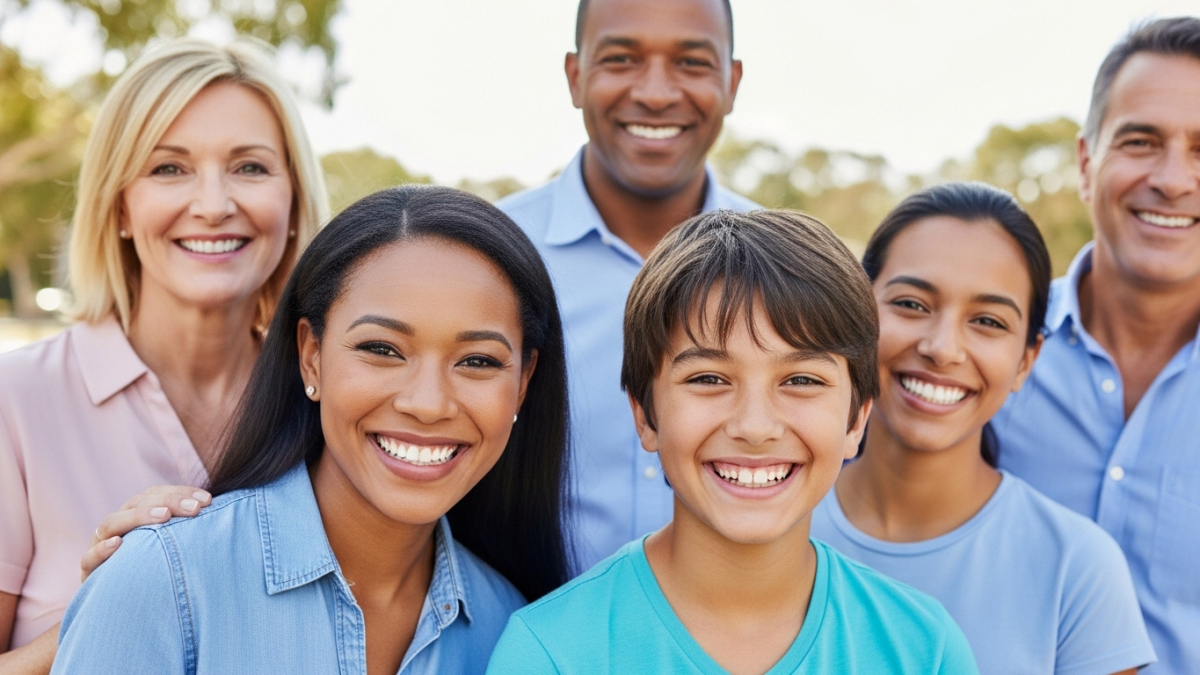 A diverse group of happy people, including adults and a teenager, smiling confidently with their beautifully straightened teeth after clear aligner treatment.