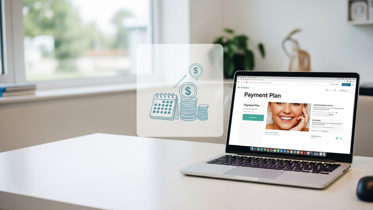 A laptop displaying flexible payment plan options for clear aligners at Lara Family Dentist, emphasizing affordability and convenience.
