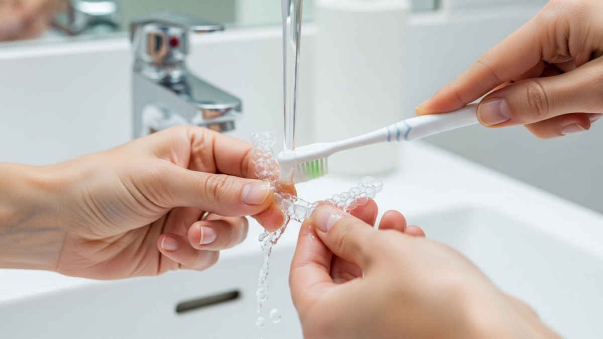 Hands demonstrating how to clean a clear aligner with a soft toothbrush under running water, emphasizing proper hygiene.