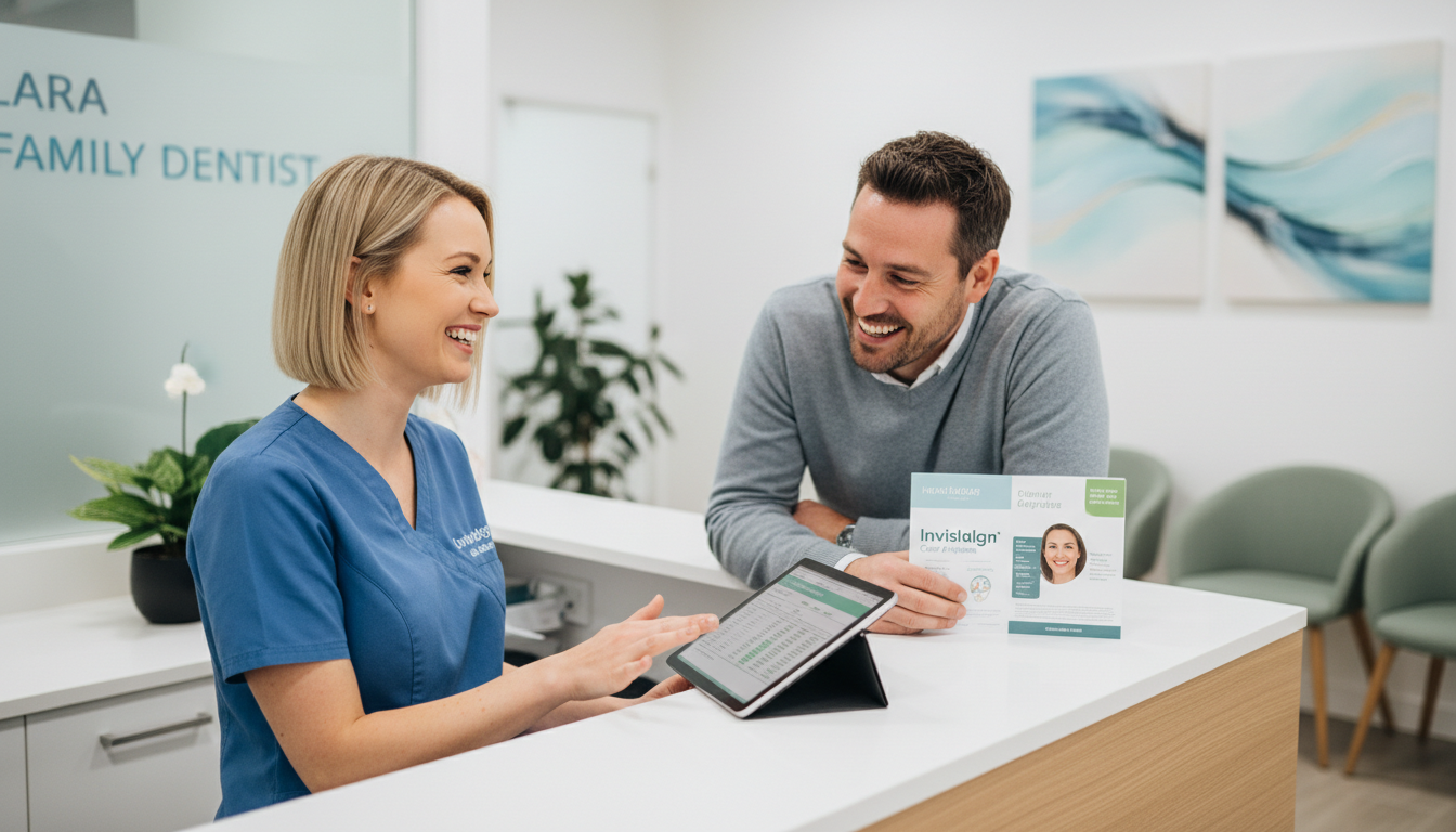 A dental receptionist at Lara Family Dentist discussing interest-free payment plans with a patient.