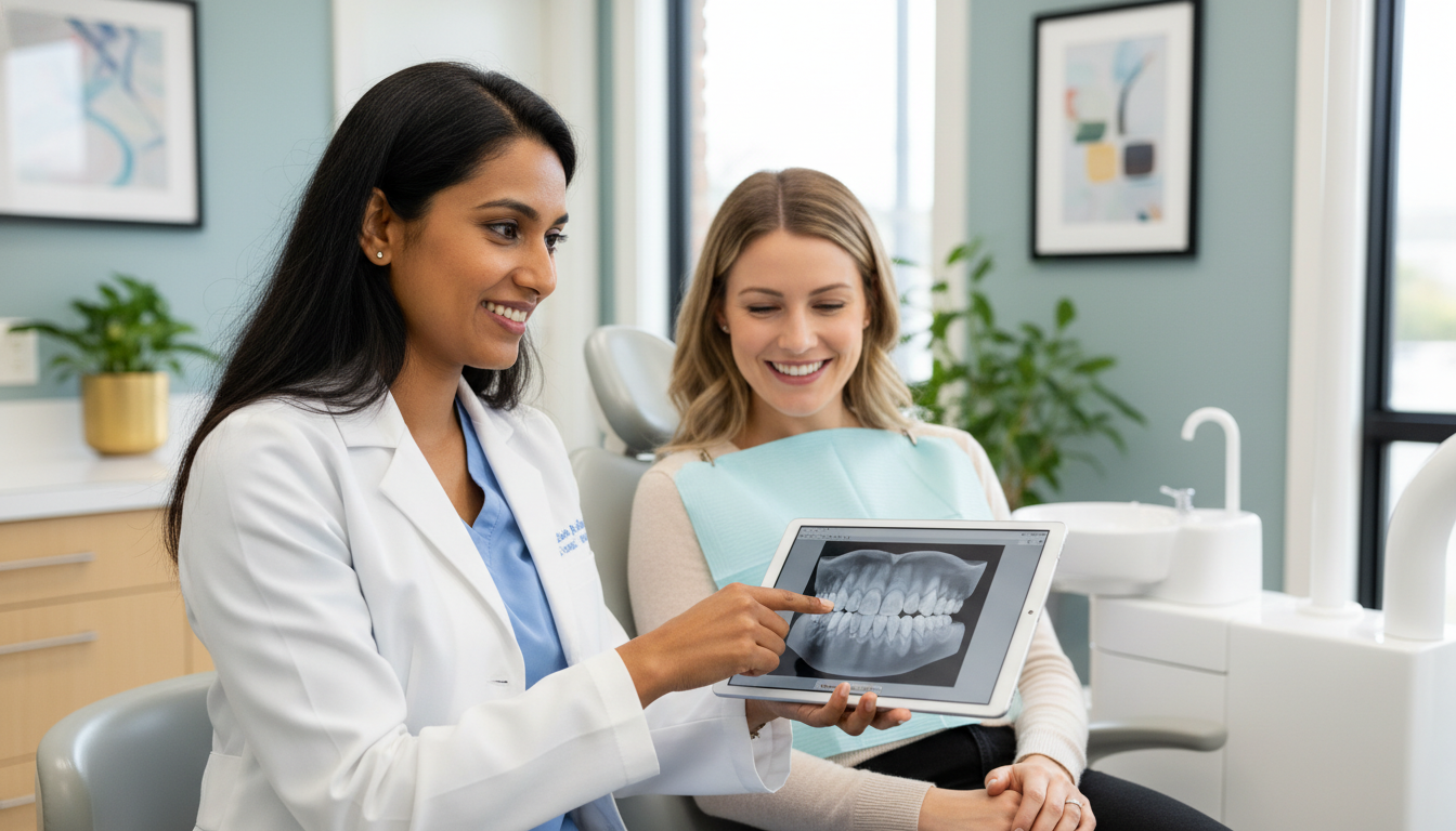 Dr. Saadia Khan showing a patient their digital teeth scan on a tablet during an Invisalign consultation.
