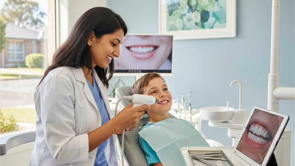 Dr. Saadia Khan using an intraoral camera for precise diagnosis during an emergency dental appointment in Lara.