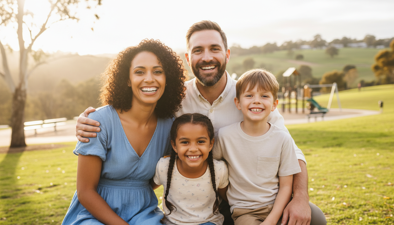 A happy family smiling confidently together in a park, showcasing the joy of healthy smiles.
