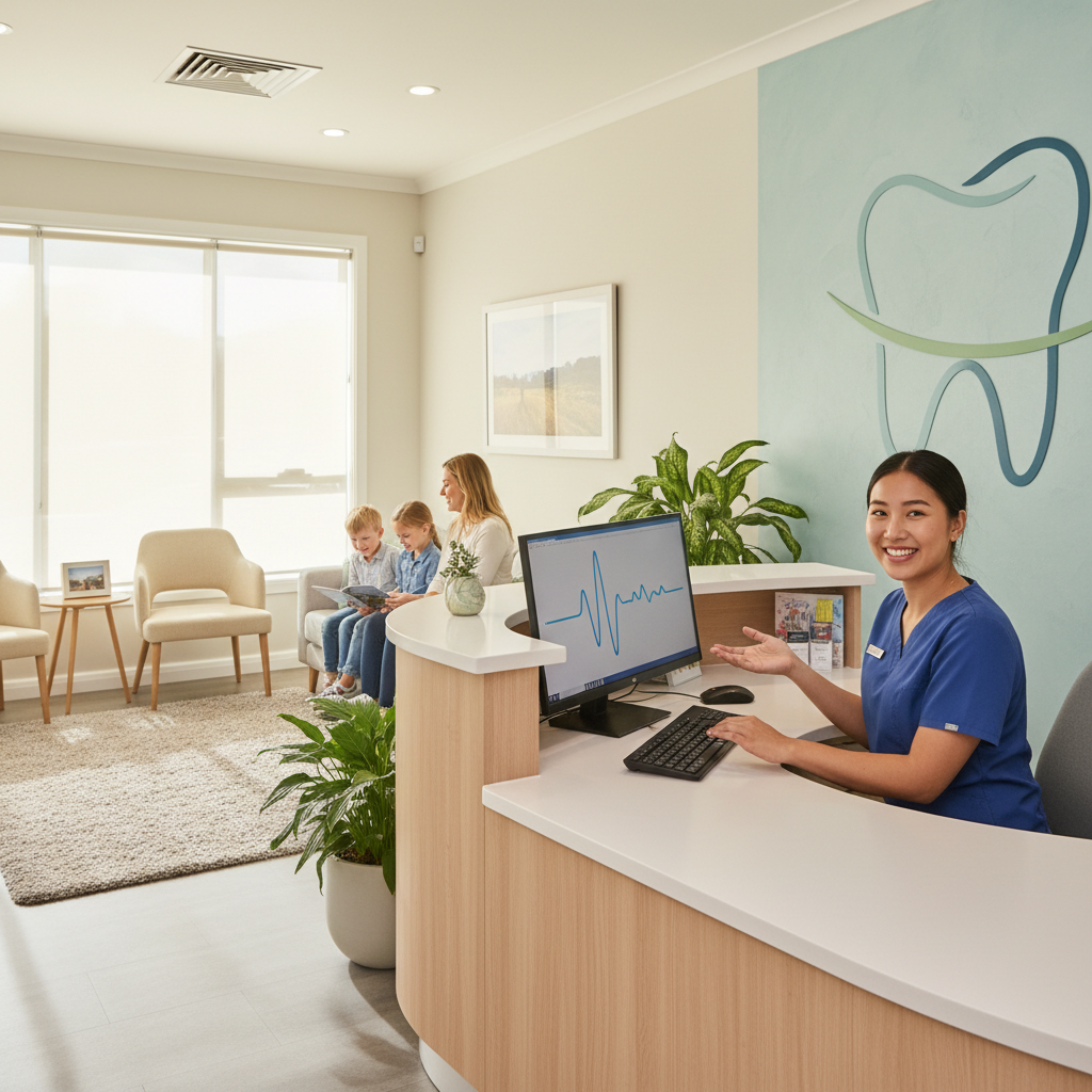 Friendly receptionist at Lara Family Dentist ready to assist patients with urgent dental care needs.