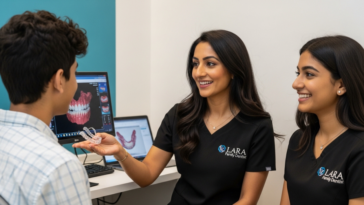 Dr. Saadia Khan at Lara Family Dentist discussing a clear aligner treatment plan with a patient using advanced digital scanning technology.