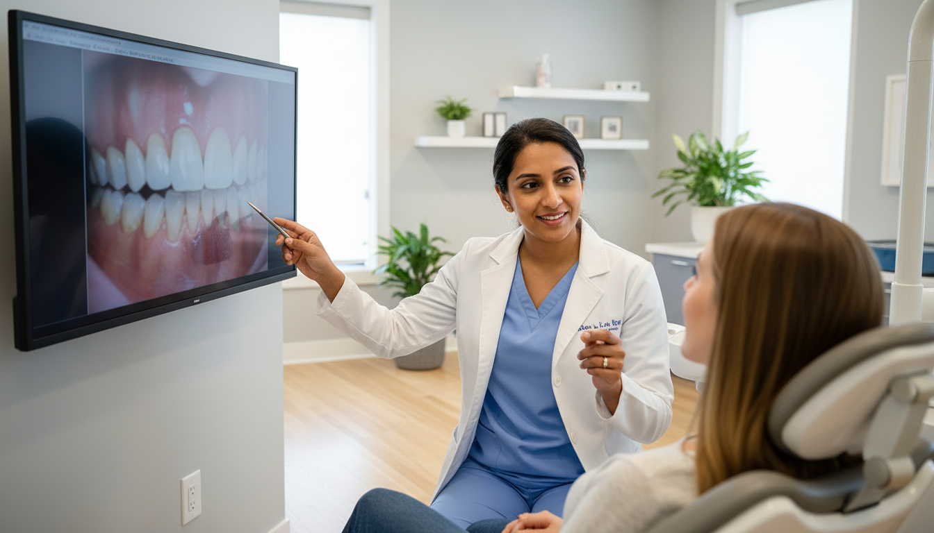 Dr. Saadia Khan explaining treatment options to a patient using modern dental technology at Lara Family Dentist