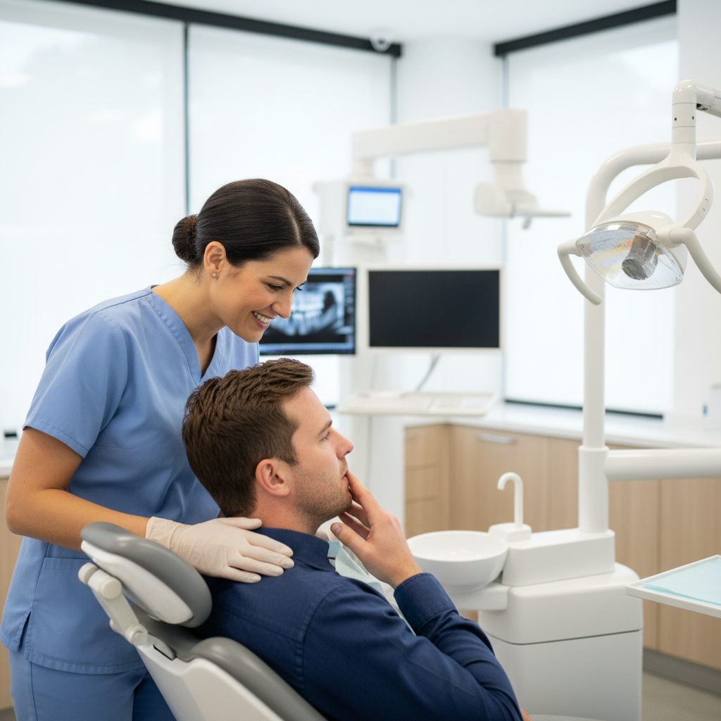 Lara Family Dentist team member reassuring a patient during an urgent dental visit.
