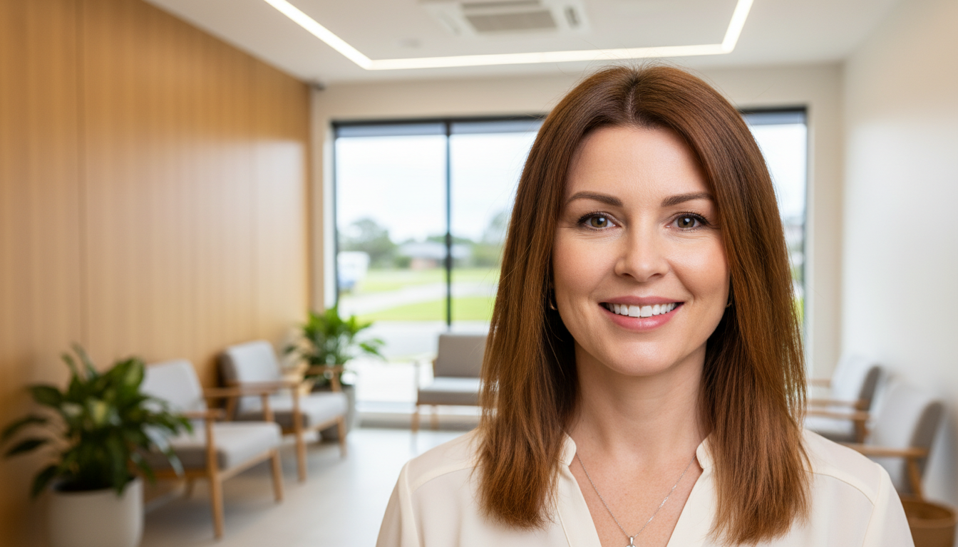 A woman smiling confidently, subtly showing her clear Invisalign aligners.