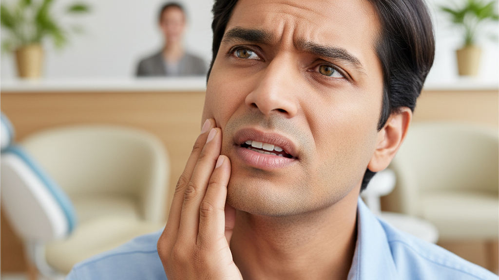 A person experiencing a severe toothache, holding their jaw in discomfort, seeking urgent dental care in Lara.